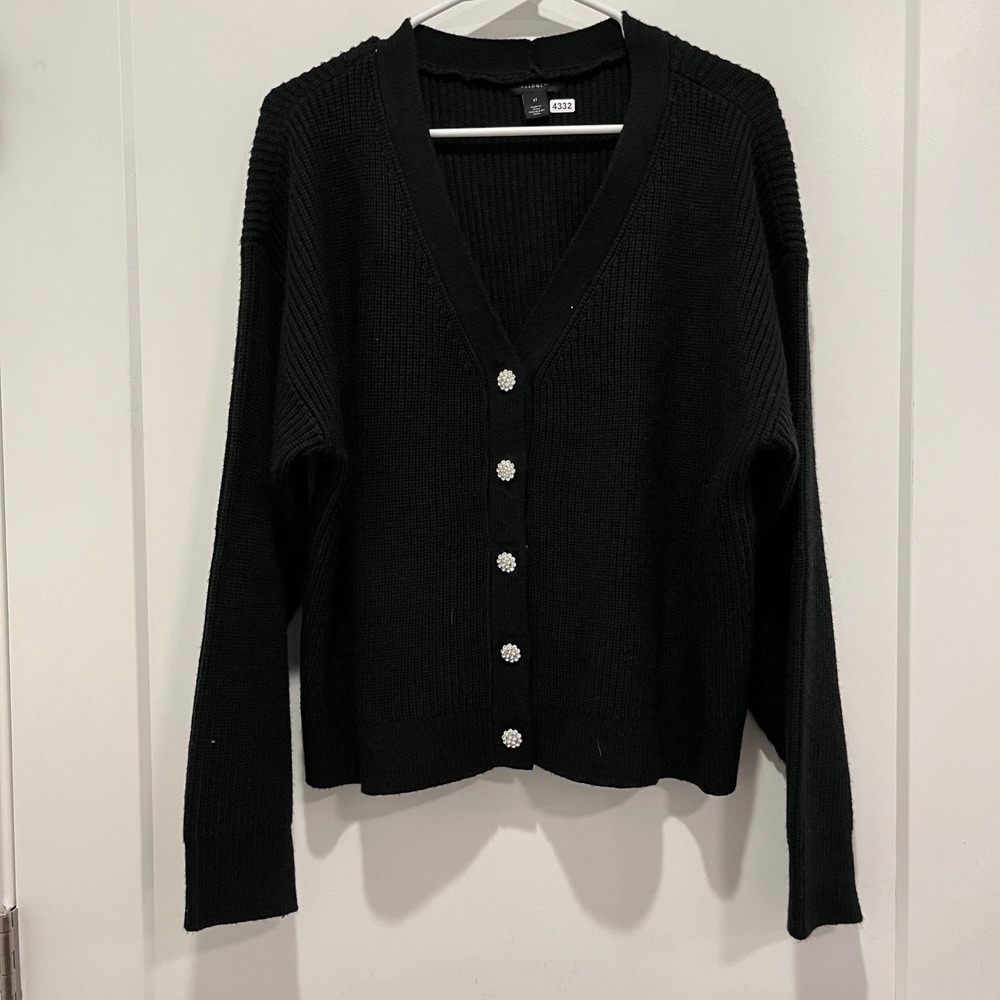 Halogen Black Shaker Rib Knit V-Neck Cardigan Crystal Button Sweater Womens XL